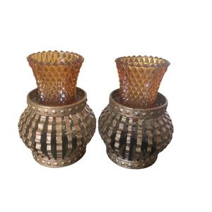 2 Sets of Crimped Gold Metal Holder & Amber Diamond Lite Votive Cup